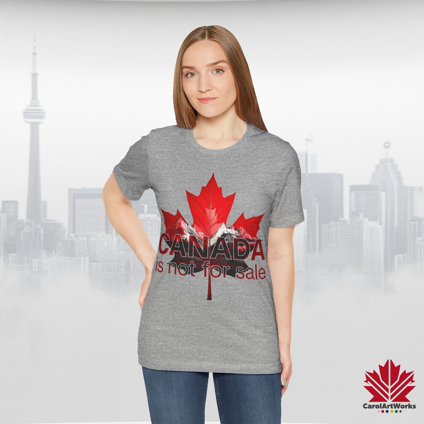 “Canada is not for Sale” Unisex Short Sleeve Tee – Red Maple Leaf and Mountains, Stylish Canada Shirt