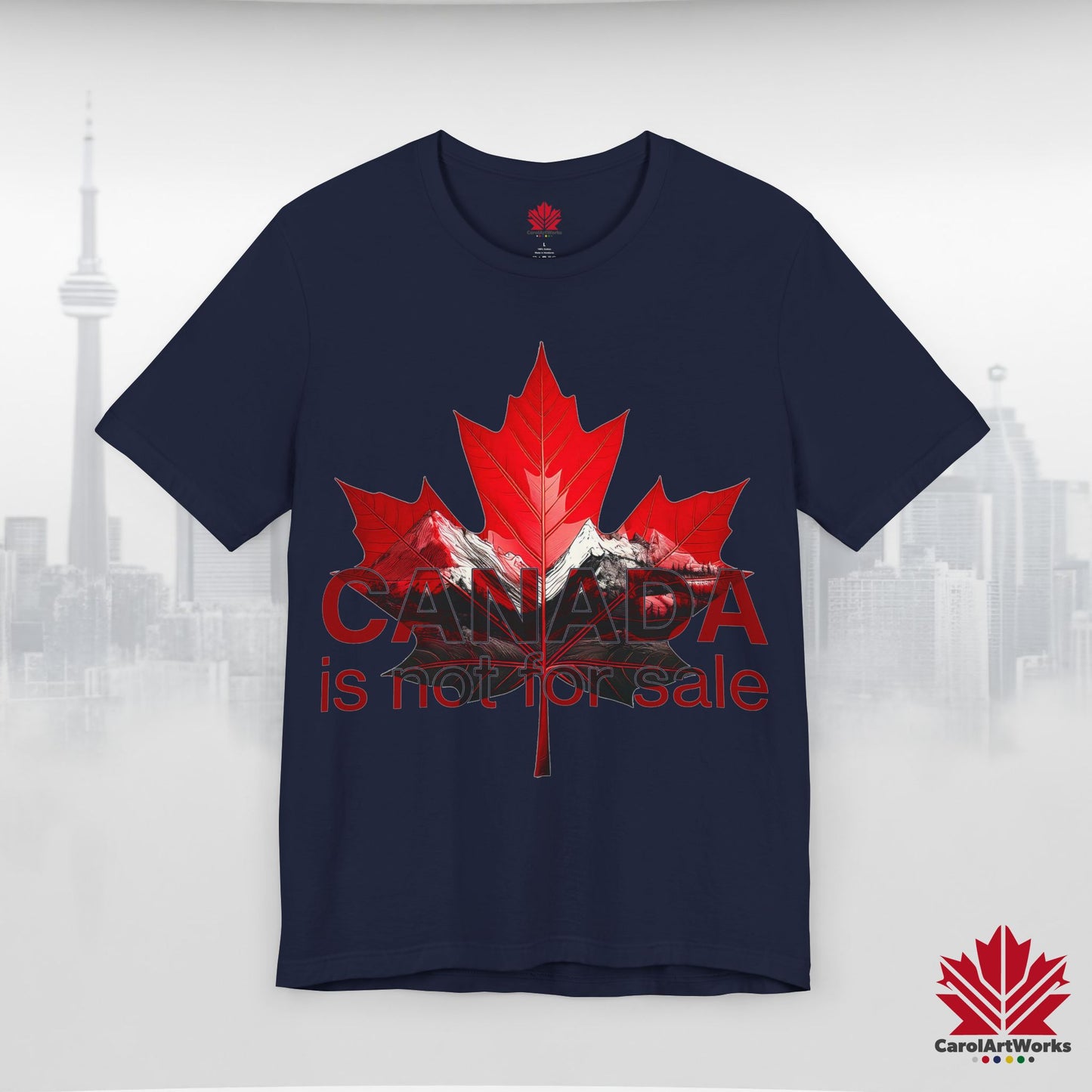 “Canada is not for Sale” Unisex Short Sleeve Tee – Red Maple Leaf and Mountains, Stylish Canada Shirt