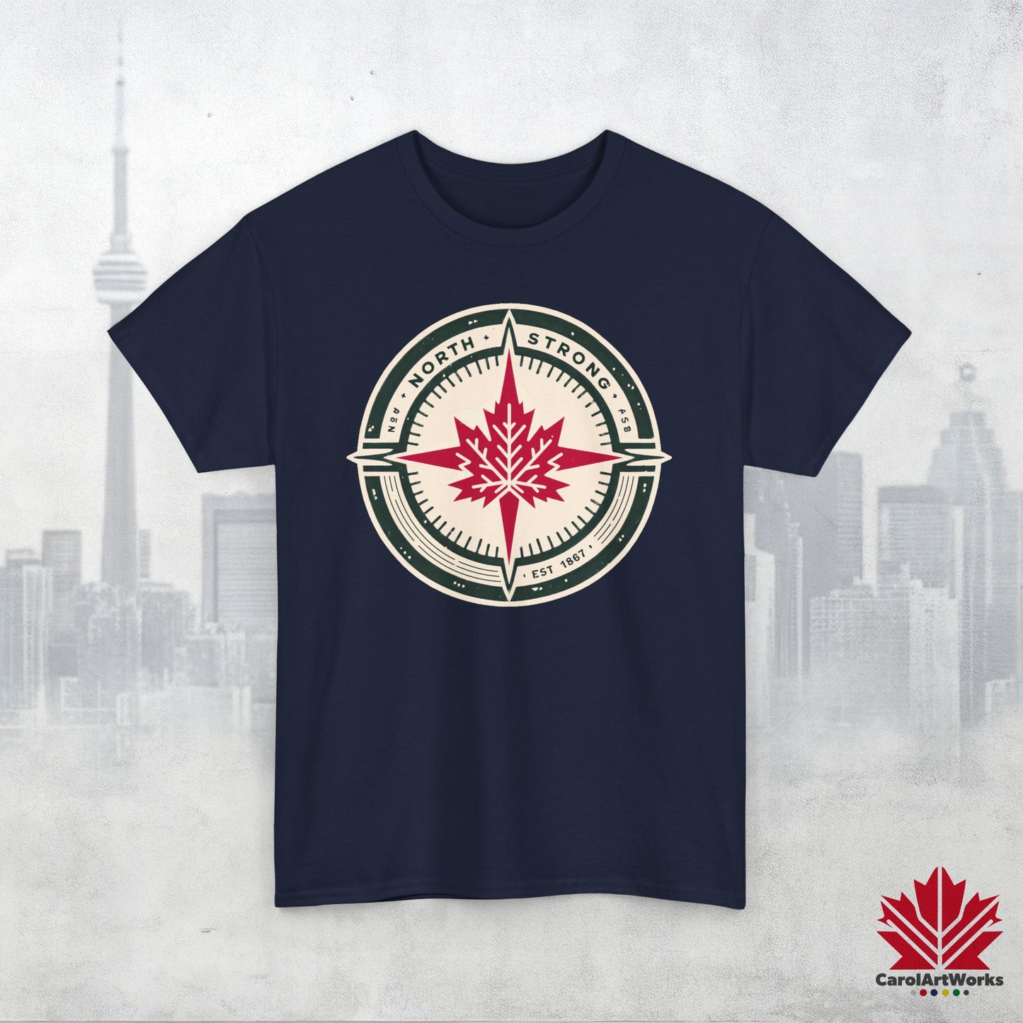 “North Strong” Compass Design – Unisex Cotton Tee – Navigate Adventure with Canadian Pride