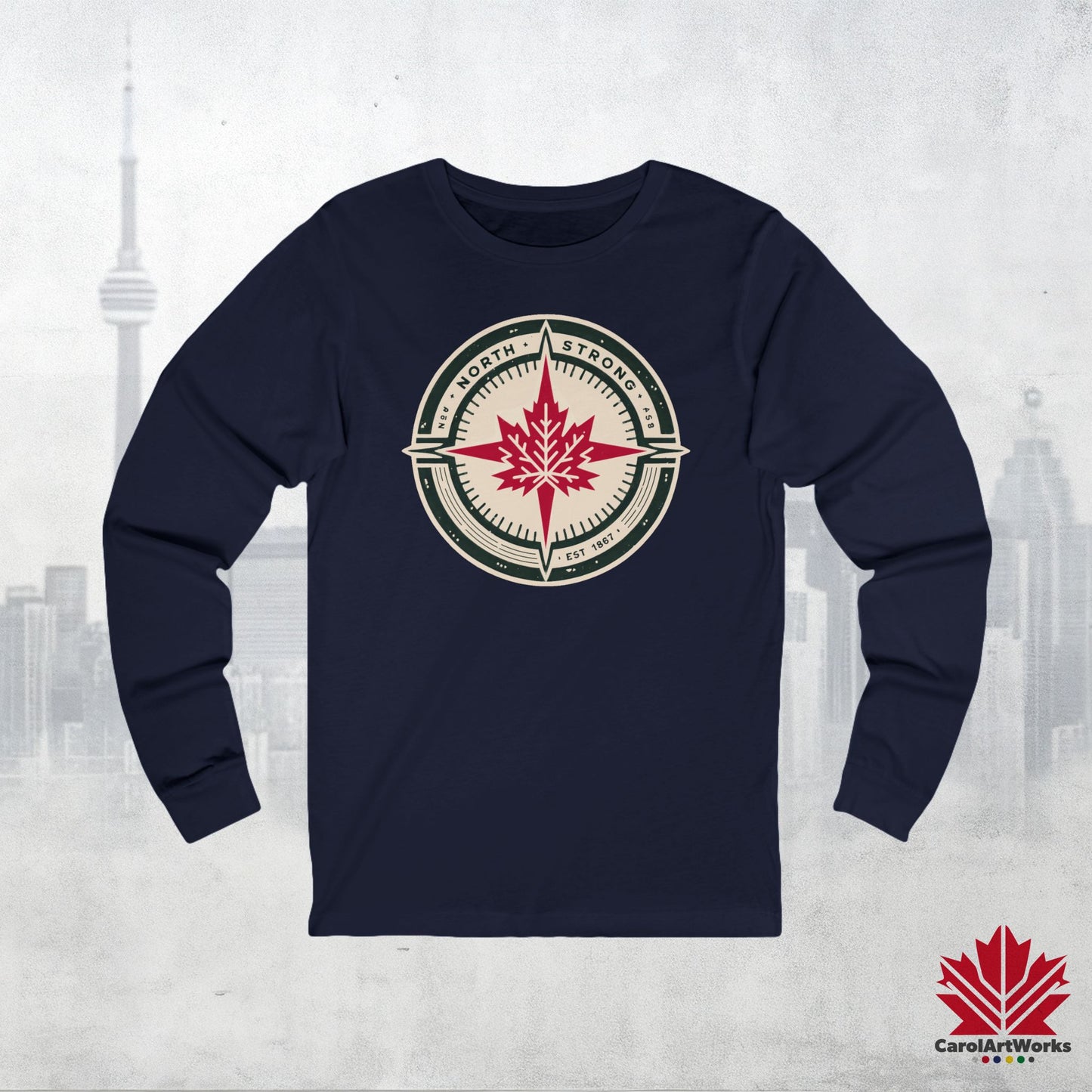 “North Strong” Compass Design – Unisex Long Sleeve Tee – Navigate Adventure with Canadian Pride