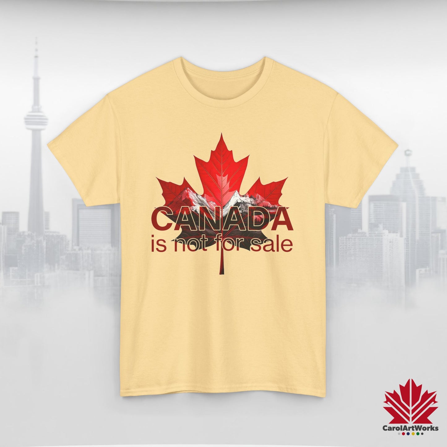 “Canada is not for Sale” Unisex Heavy Cotton Tee – Red Maple Leaf and Mountains, Stylish Canada Shirt