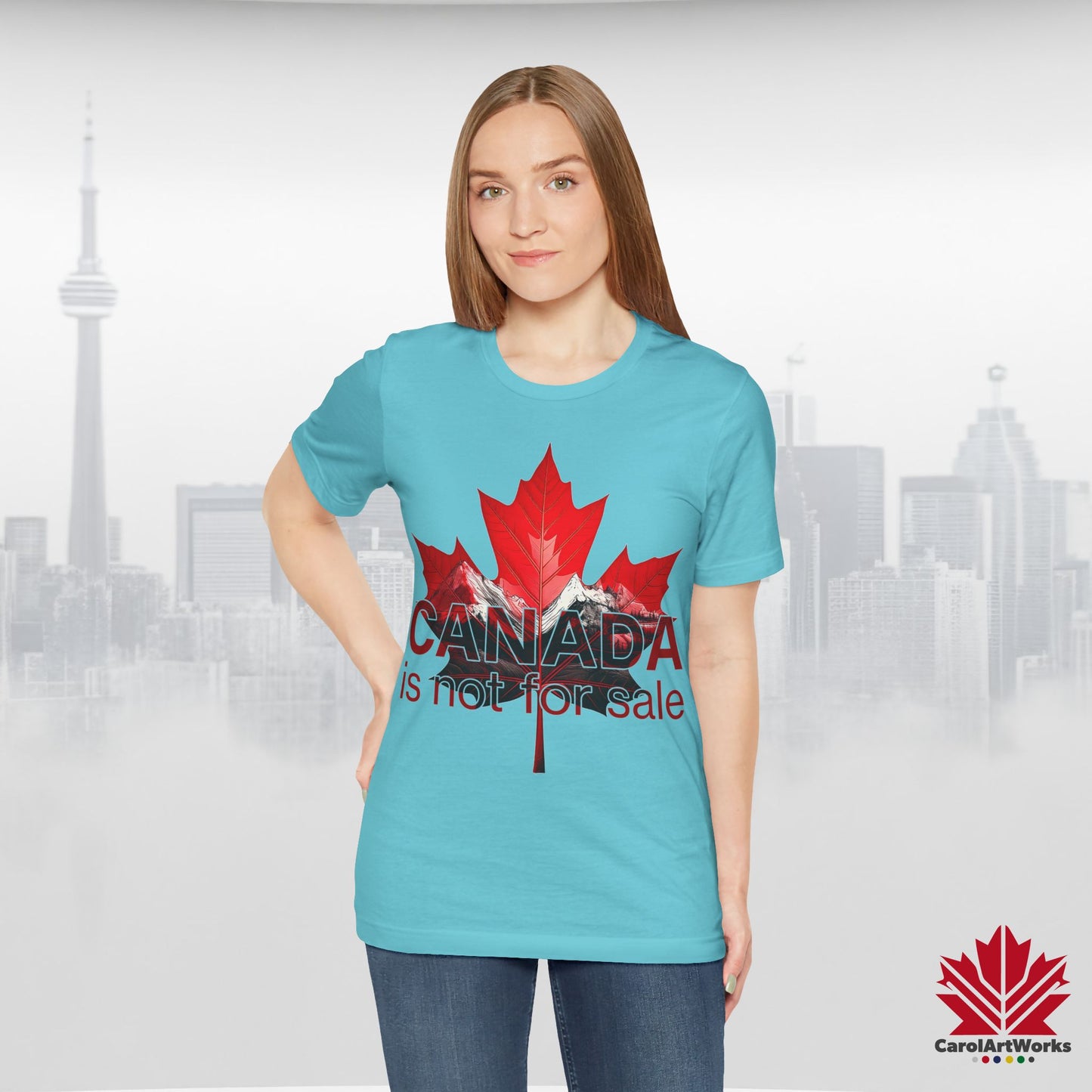 “Canada is not for Sale” Unisex Short Sleeve Tee – Red Maple Leaf and Mountains, Stylish Canada Shirt
