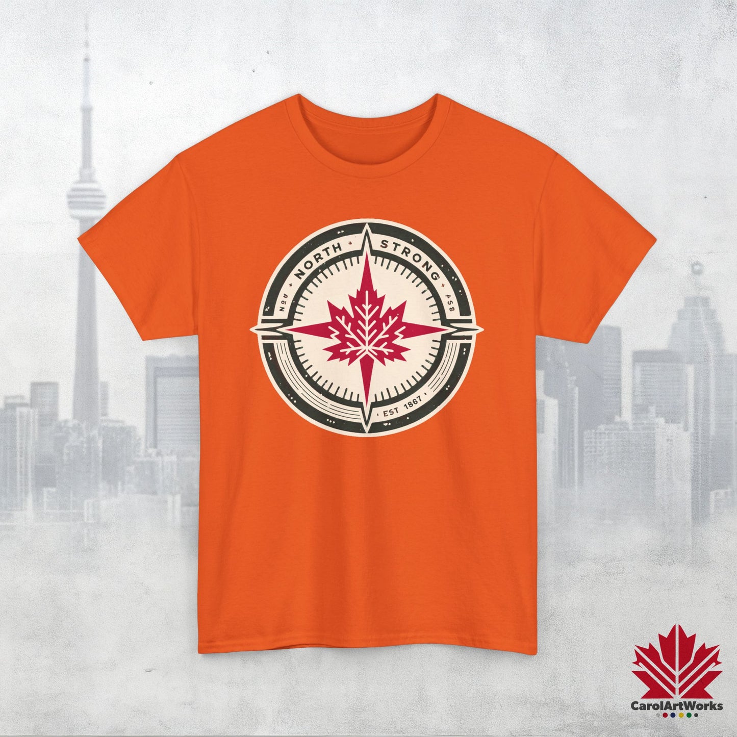 “North Strong” Compass Design – Unisex Cotton Tee – Navigate Adventure with Canadian Pride