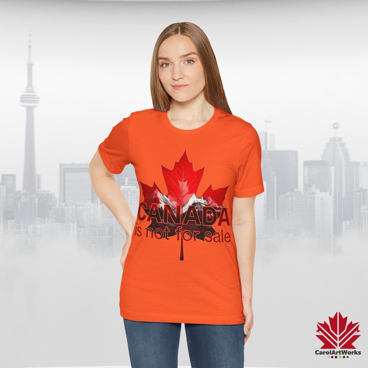 “Canada is not for Sale” Unisex Short Sleeve Tee – Red Maple Leaf and Mountains, Stylish Canada Shirt
