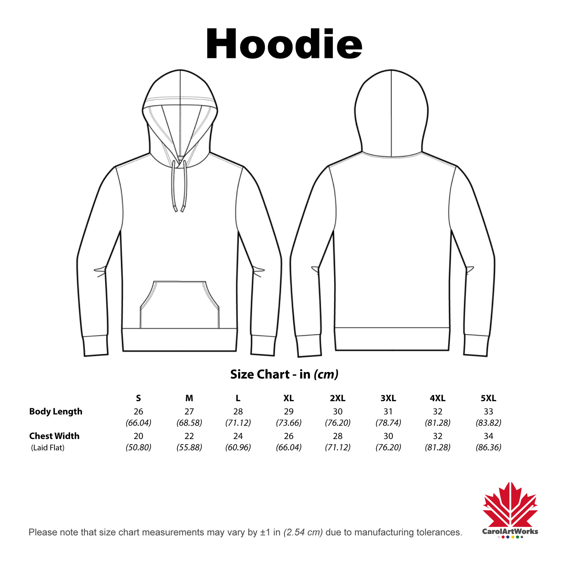 Hoodie size chart with front and back views on a white background