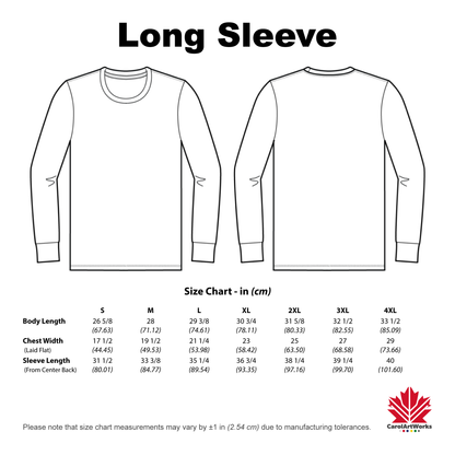 Long sleeve shirt size chart with front and back views on a white background