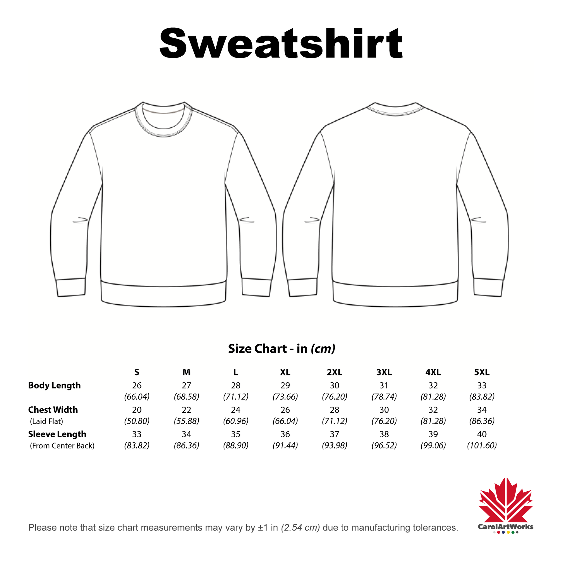 Sweatshirt size chart with front and back views and measurement details.