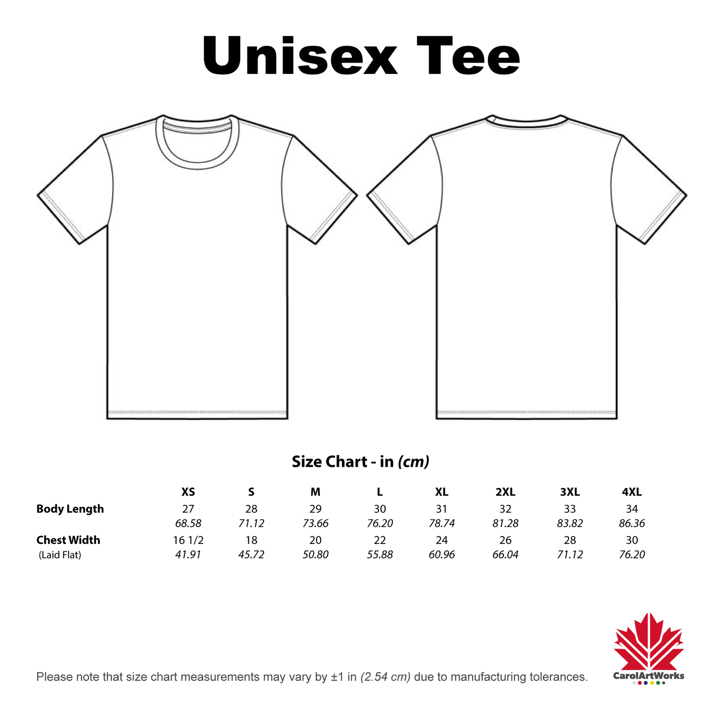 Unisex t-shirt template with size chart in inches on a white background