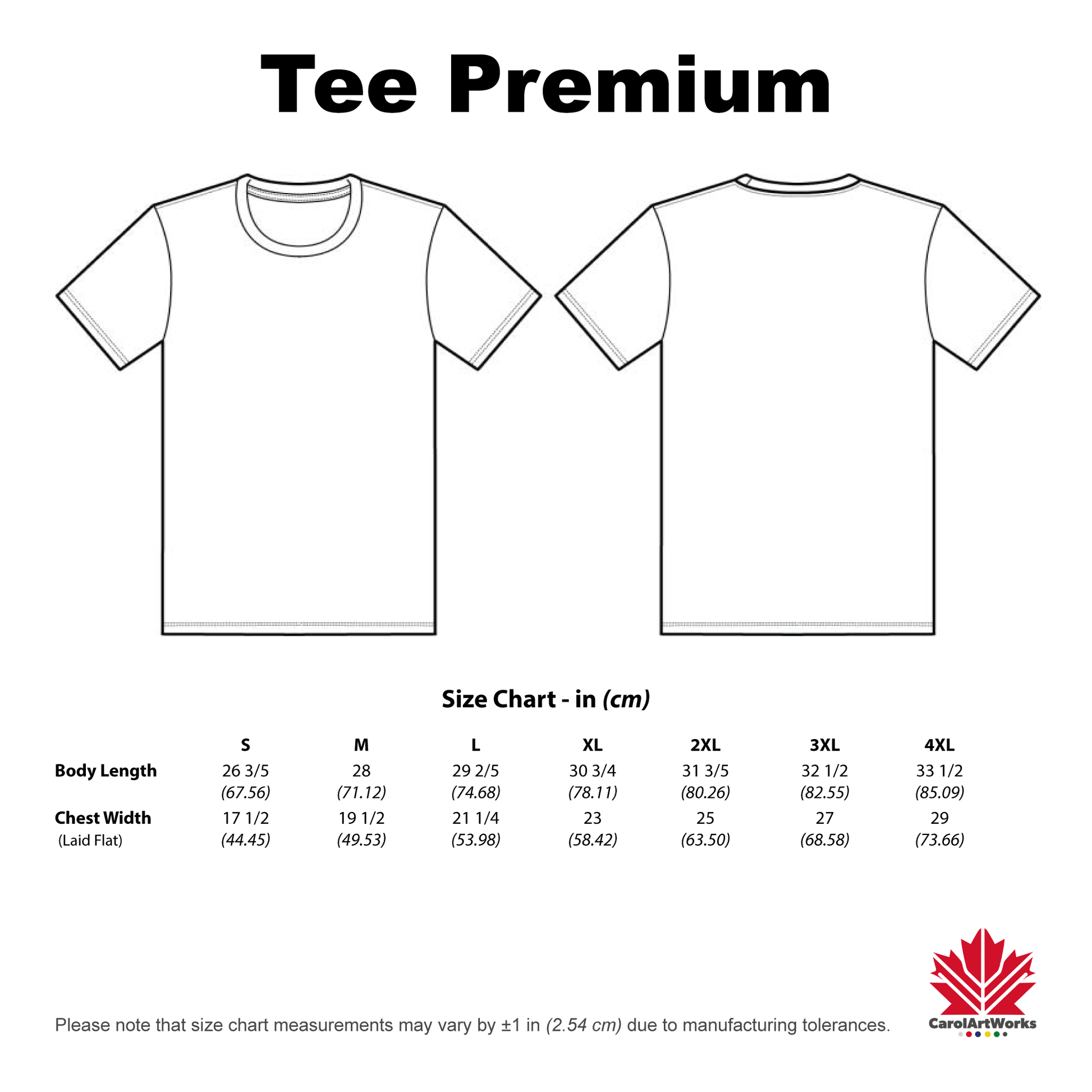 T-shirt size chart with front and back views and Carhartt logo.