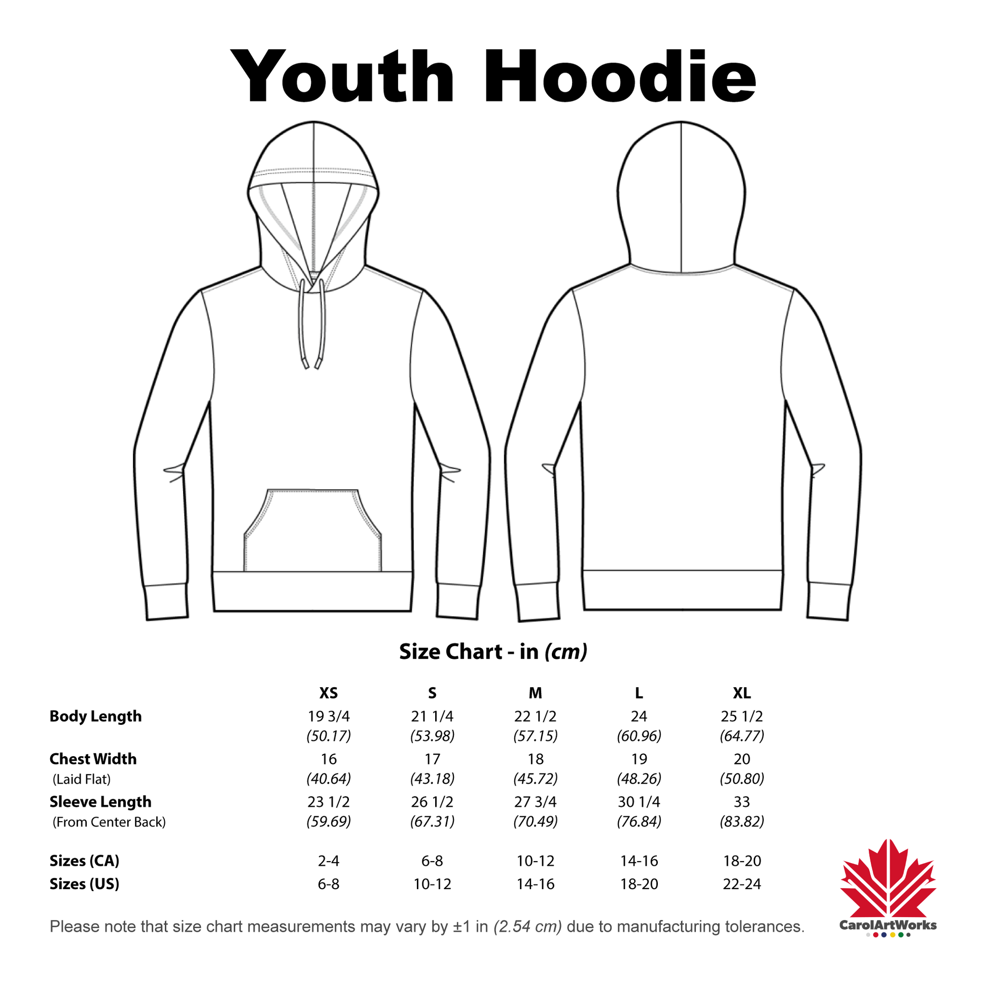 Size chart for youth hoodie with front and back views on a white background