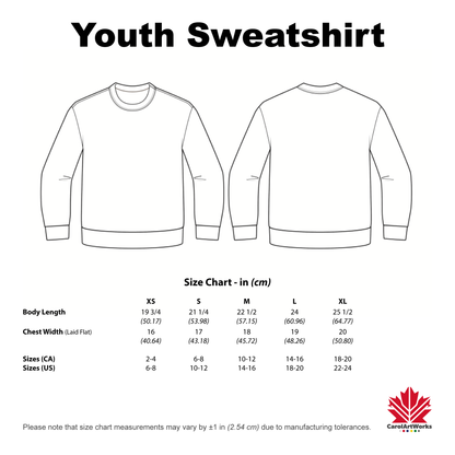 Youth sweatshirt size chart with front and back views and Carhartt logo.