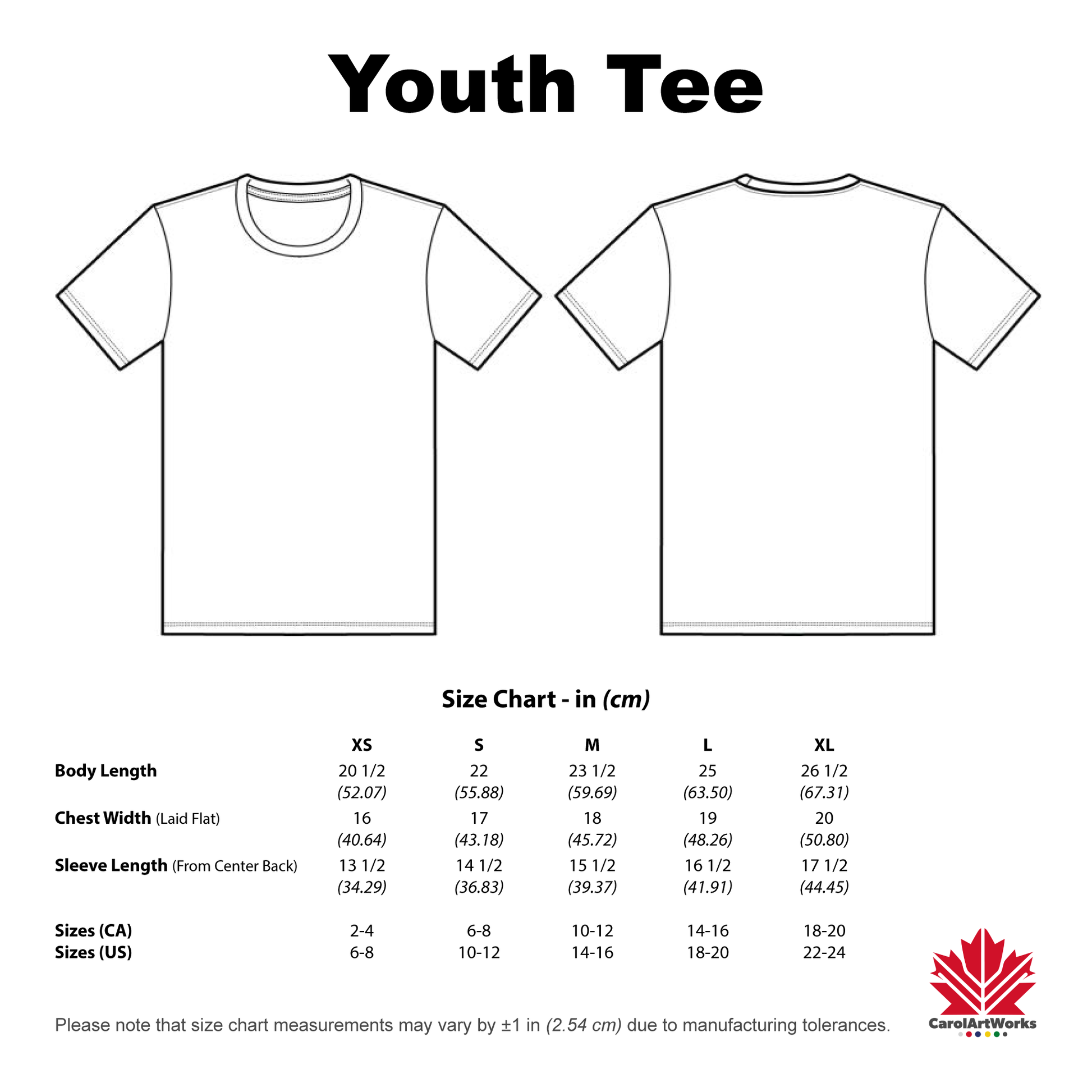 Size chart for youth t-shirts with front and back views, including measurements in inches and centimeters.