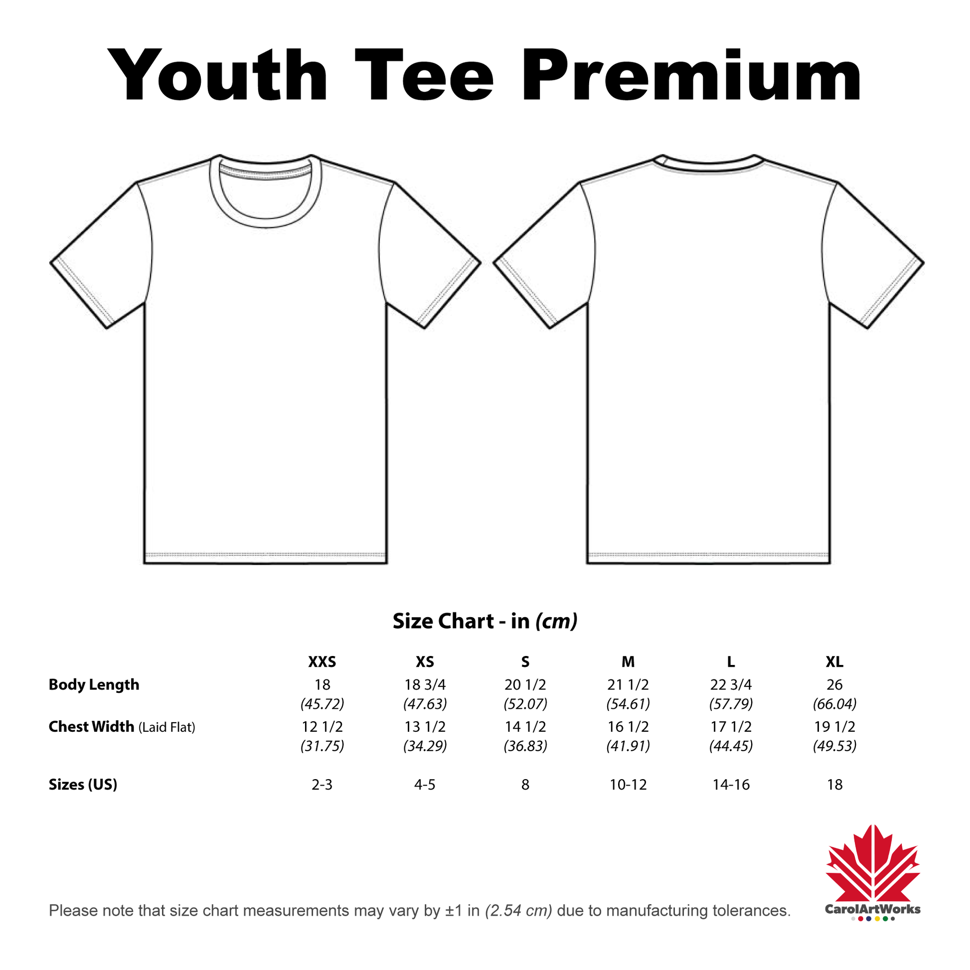 Size chart for Youth Tee Premium t-shirts with front and back views on a white background.