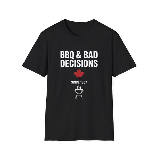 Funny “BBQ & Bad Decisions” Softstyle Tee – Casual Canadian Humor Shirt