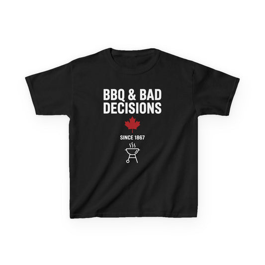 “BBQ & Bad Decisions” Youth Graphic Tee – Cool Canada Camp Shirt